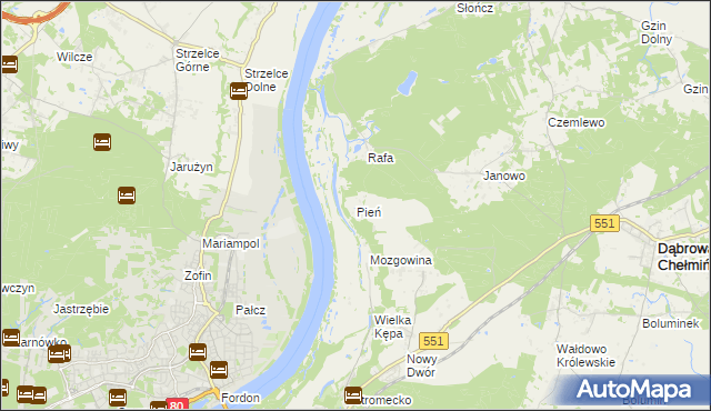 mapa Pień gmina Dąbrowa Chełmińska, Pień gmina Dąbrowa Chełmińska na mapie Targeo