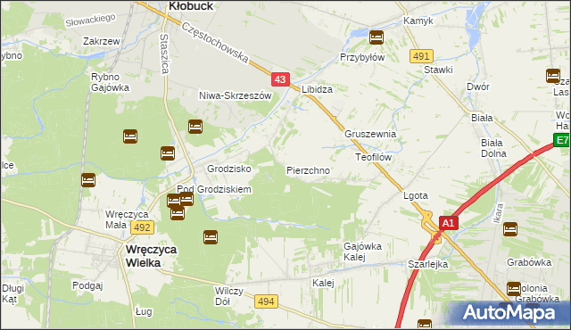 mapa Pierzchno gmina Wręczyca Wielka, Pierzchno gmina Wręczyca Wielka na mapie Targeo