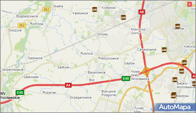 mapa Pietrzykowice gmina Kąty Wrocławskie, Pietrzykowice gmina Kąty Wrocławskie na mapie Targeo