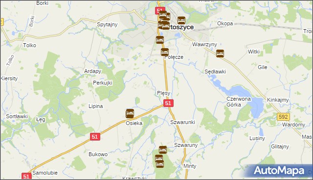 mapa Plęsy gmina Bartoszyce, Plęsy gmina Bartoszyce na mapie Targeo