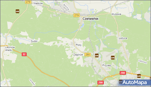 mapa Płoty gmina Czerwieńsk, Płoty gmina Czerwieńsk na mapie Targeo