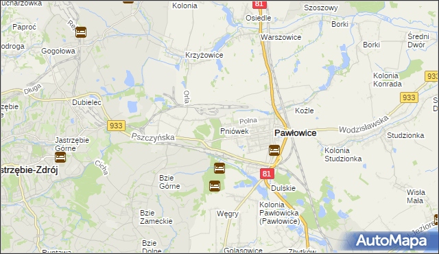 mapa Pniówek gmina Pawłowice, Pniówek gmina Pawłowice na mapie Targeo