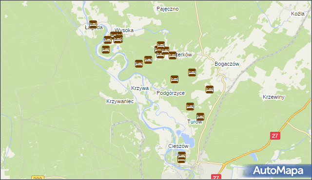 mapa Podgórzyce gmina Nowogród Bobrzański, Podgórzyce gmina Nowogród Bobrzański na mapie Targeo
