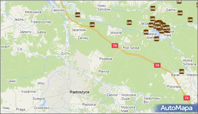 mapa Podlesie gmina Radoszyce, Podlesie gmina Radoszyce na mapie Targeo