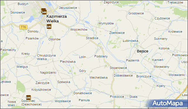 mapa Podolany gmina Kazimierza Wielka, Podolany gmina Kazimierza Wielka na mapie Targeo