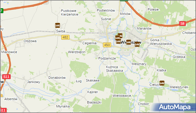 mapa Podzamcze gmina Wieruszów, Podzamcze gmina Wieruszów na mapie Targeo