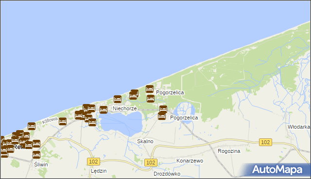 mapa Pogorzelica gmina Rewal, Pogorzelica gmina Rewal na mapie Targeo