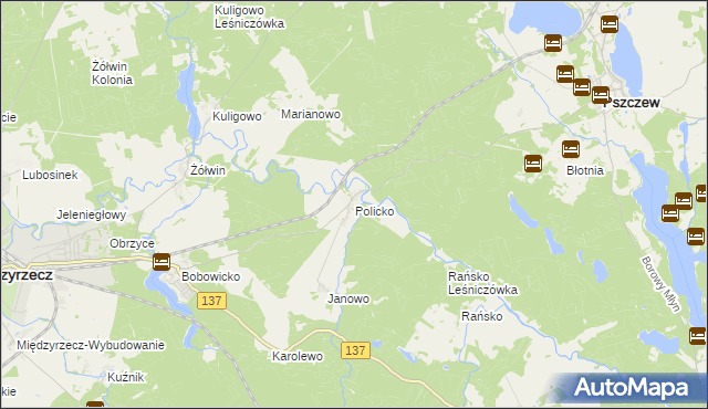mapa Policko gmina Pszczew, Policko gmina Pszczew na mapie Targeo