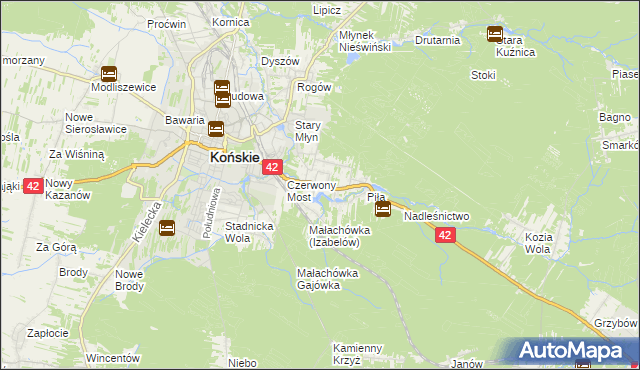 mapa Pomyków gmina Końskie, Pomyków gmina Końskie na mapie Targeo