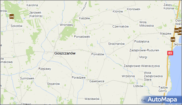 mapa Poniatów gmina Goszczanów, Poniatów gmina Goszczanów na mapie Targeo