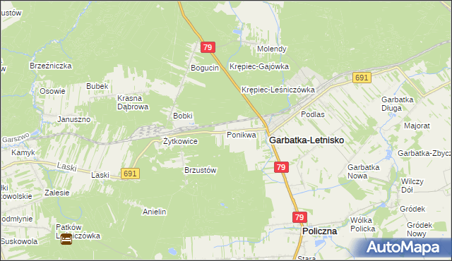 mapa Ponikwa gmina Garbatka-Letnisko, Ponikwa gmina Garbatka-Letnisko na mapie Targeo