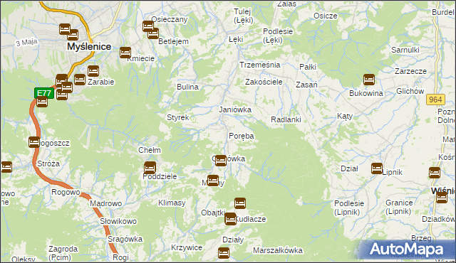 mapa Poręba gmina Myślenice, Poręba gmina Myślenice na mapie Targeo