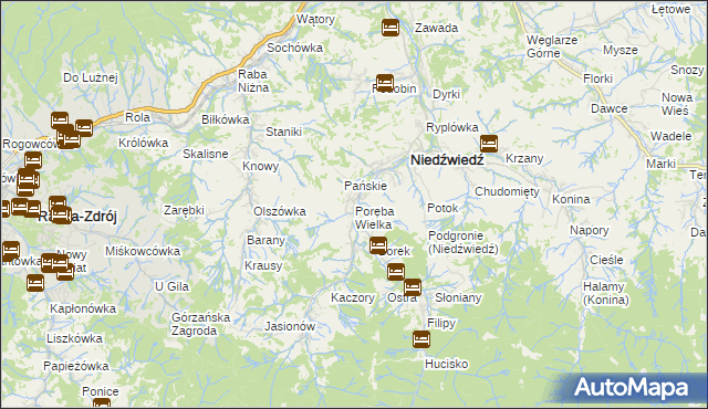 mapa Poręba Wielka gmina Niedźwiedź, Poręba Wielka gmina Niedźwiedź na mapie Targeo