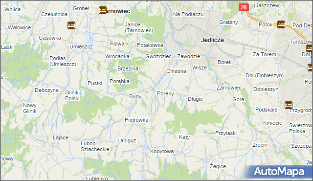 mapa Poręby gmina Jedlicze, Poręby gmina Jedlicze na mapie Targeo