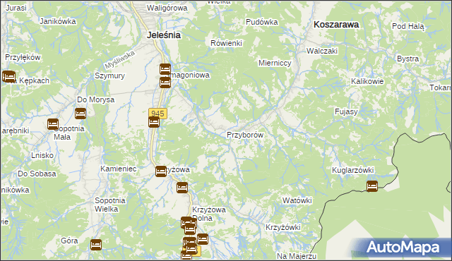 mapa Przyborów gmina Jeleśnia, Przyborów gmina Jeleśnia na mapie Targeo