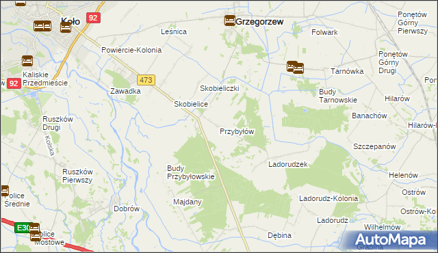 mapa Przybyłów gmina Koło, Przybyłów gmina Koło na mapie Targeo