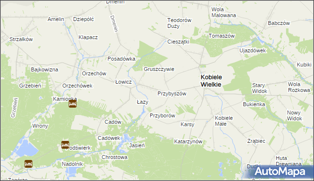 mapa Przybyszów gmina Kobiele Wielkie, Przybyszów gmina Kobiele Wielkie na mapie Targeo