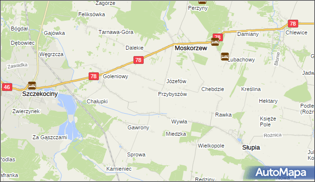 mapa Przybyszów gmina Moskorzew, Przybyszów gmina Moskorzew na mapie Targeo