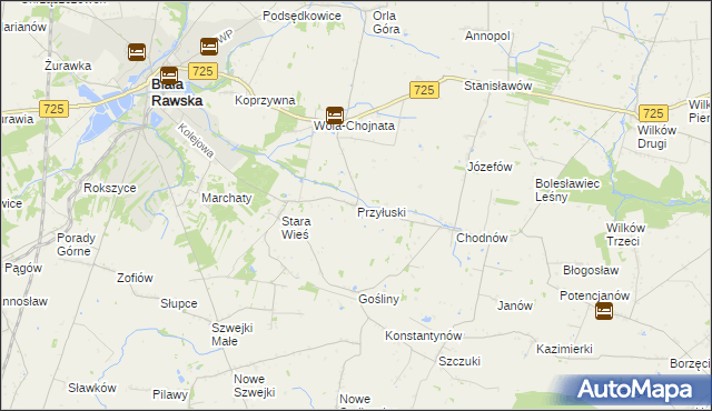 mapa Przyłuski gmina Biała Rawska, Przyłuski gmina Biała Rawska na mapie Targeo