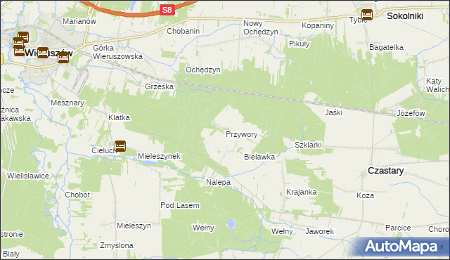 mapa Przywory gmina Czastary, Przywory gmina Czastary na mapie Targeo