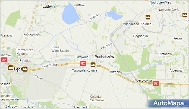 mapa Puchaczów powiat łęczyński, Puchaczów powiat łęczyński na mapie Targeo