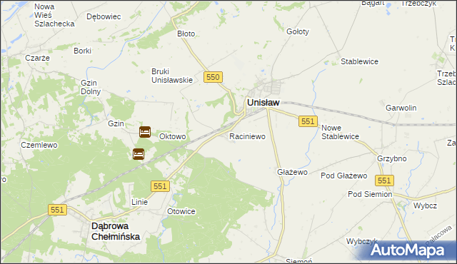 mapa Raciniewo gmina Unisław, Raciniewo gmina Unisław na mapie Targeo