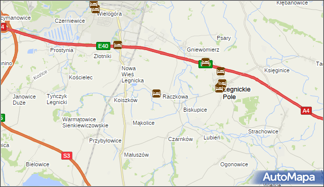 mapa Raczkowa gmina Legnickie Pole, Raczkowa gmina Legnickie Pole na mapie Targeo