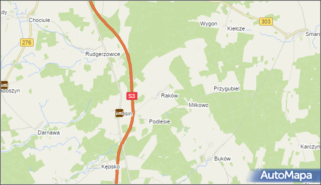 mapa Raków gmina Świebodzin, Raków gmina Świebodzin na mapie Targeo