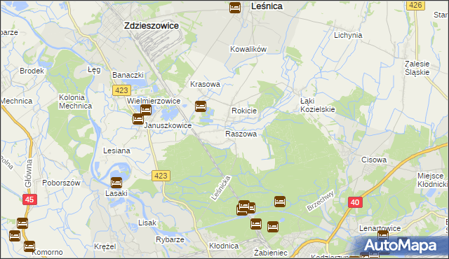 mapa Raszowa gmina Leśnica, Raszowa gmina Leśnica na mapie Targeo