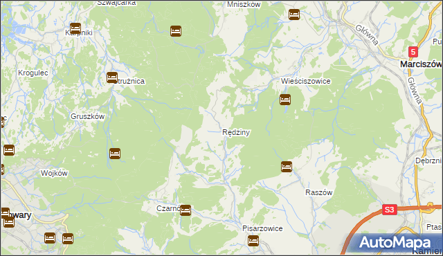 mapa Rędziny gmina Kamienna Góra, Rędziny gmina Kamienna Góra na mapie Targeo