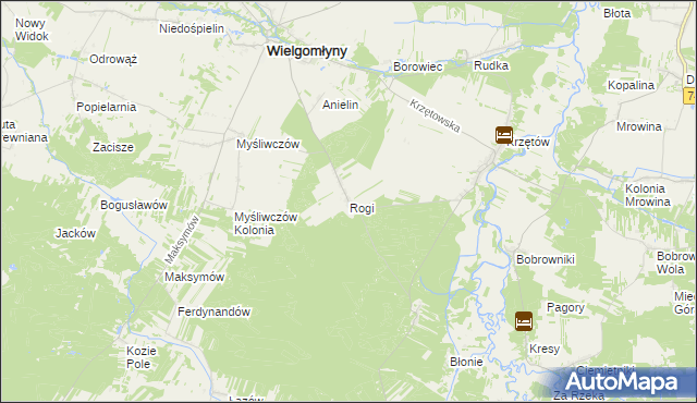 mapa Rogi gmina Wielgomłyny, Rogi gmina Wielgomłyny na mapie Targeo