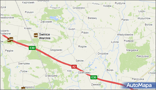 mapa Rogów gmina Świnice Warckie, Rogów gmina Świnice Warckie na mapie Targeo