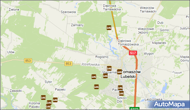 mapa Rogóźno gmina Tomaszów Lubelski, Rogóźno gmina Tomaszów Lubelski na mapie Targeo