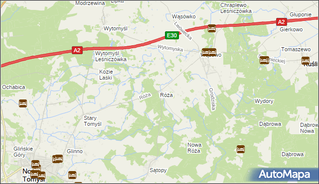 mapa Róża gmina Nowy Tomyśl, Róża gmina Nowy Tomyśl na mapie Targeo