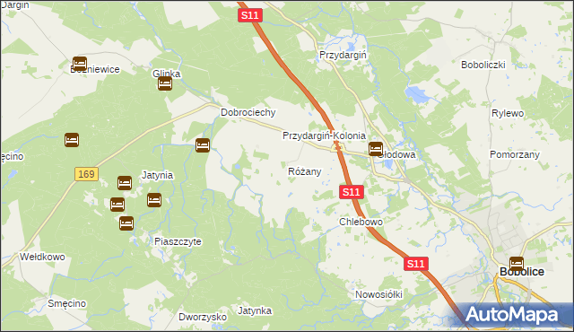 mapa Różany gmina Bobolice, Różany gmina Bobolice na mapie Targeo