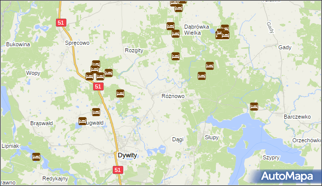 mapa Różnowo gmina Dywity, Różnowo gmina Dywity na mapie Targeo