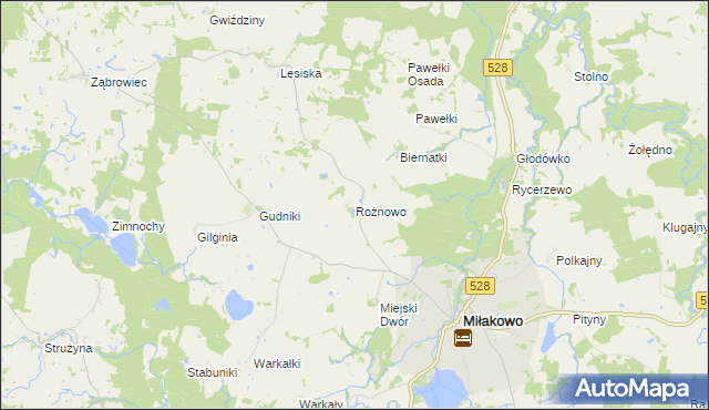 mapa Rożnowo gmina Miłakowo, Rożnowo gmina Miłakowo na mapie Targeo