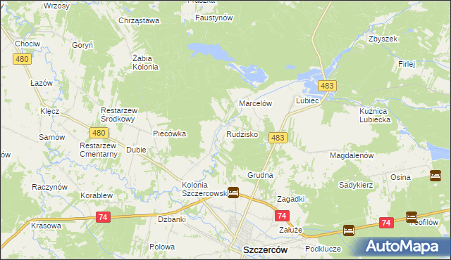 mapa Rudzisko gmina Szczerców, Rudzisko gmina Szczerców na mapie Targeo