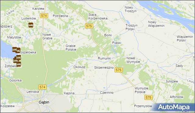 mapa Rumunki gmina Gąbin, Rumunki gmina Gąbin na mapie Targeo