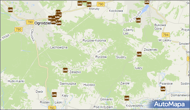 mapa Ryczów gmina Ogrodzieniec, Ryczów gmina Ogrodzieniec na mapie Targeo