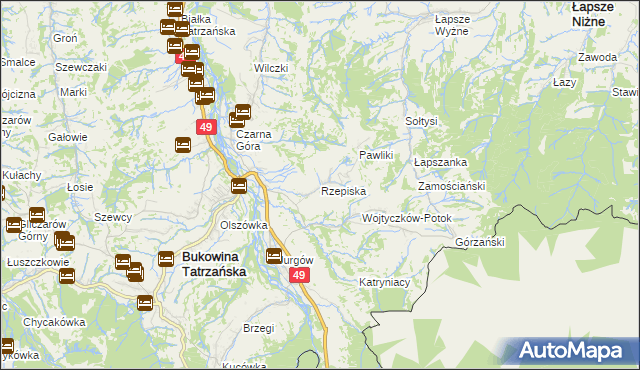 mapa Rzepiska gmina Bukowina Tatrzańska, Rzepiska gmina Bukowina Tatrzańska na mapie Targeo