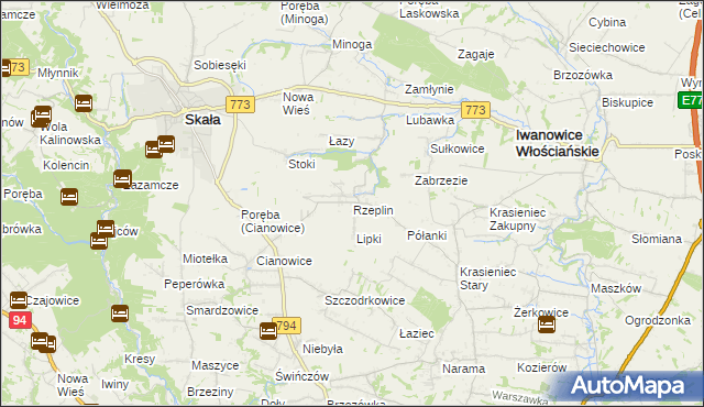 mapa Rzeplin gmina Skała, Rzeplin gmina Skała na mapie Targeo