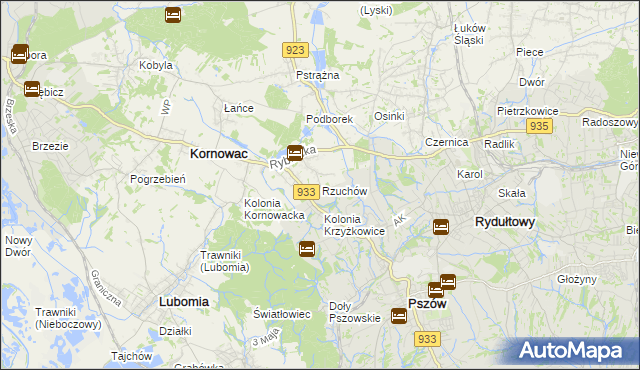 mapa Rzuchów gmina Kornowac, Rzuchów gmina Kornowac na mapie Targeo