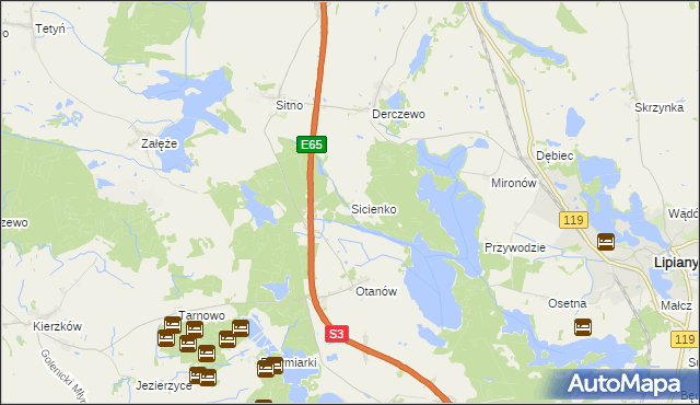 mapa Sicienko gmina Myślibórz, Sicienko gmina Myślibórz na mapie Targeo