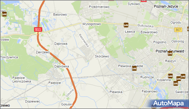 mapa Skórzewo gmina Dopiewo, Skórzewo gmina Dopiewo na mapie Targeo