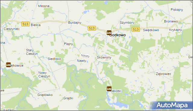 mapa Skowrony gmina Godkowo, Skowrony gmina Godkowo na mapie Targeo