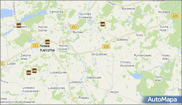 mapa Skrzydłowo gmina Nowa Karczma, Skrzydłowo gmina Nowa Karczma na mapie Targeo