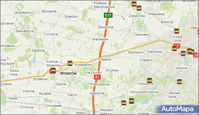 mapa Sławno gmina Wolanów, Sławno gmina Wolanów na mapie Targeo