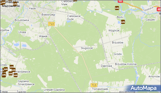 mapa Sługocice gmina Tomaszów Mazowiecki, Sługocice gmina Tomaszów Mazowiecki na mapie Targeo