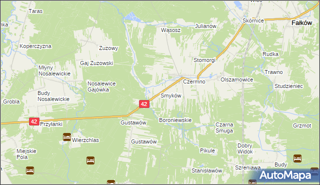 mapa Smyków gmina Fałków, Smyków gmina Fałków na mapie Targeo